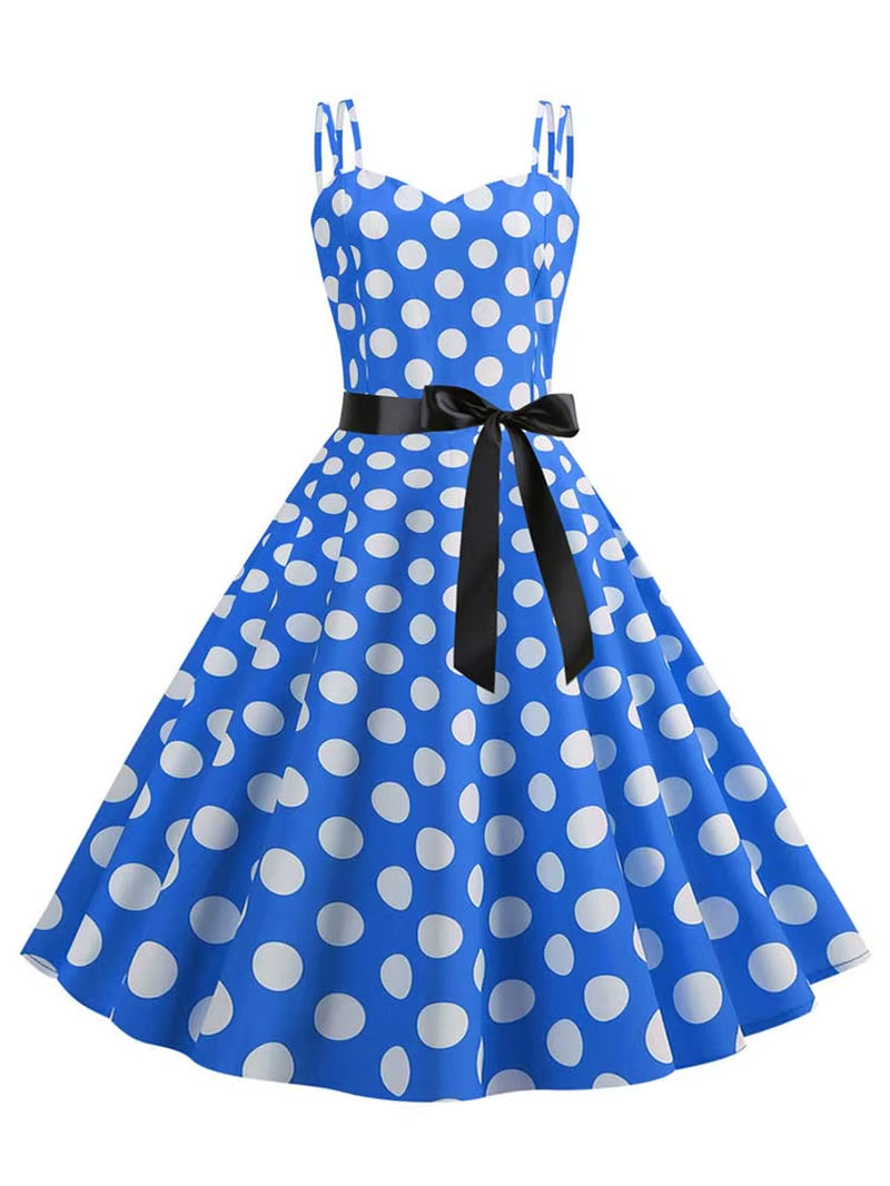 Chic Vintage 50s & 60s Swing Dress - Perfect for Summer Parties with Spaghetti Straps and Polka Dots