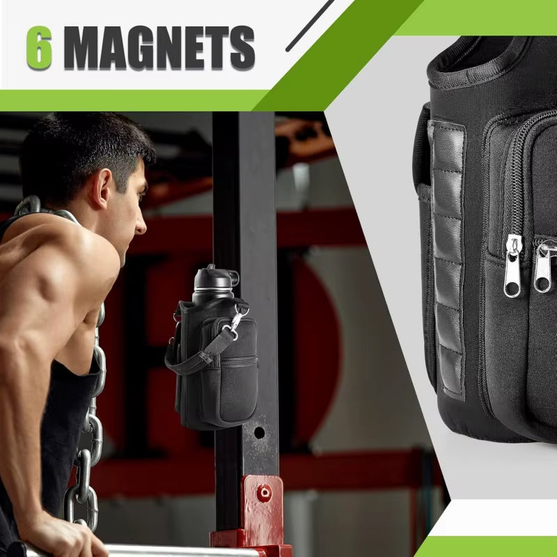 Magnetic Gym Water Bottle Carrier with Phone Pocket & Shoulder Strap - 6 Built-In Magnets