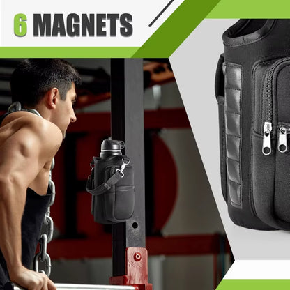 Magnetic Gym Water Bottle Carrier with Phone Pocket & Shoulder Strap - 6 Built-In Magnets