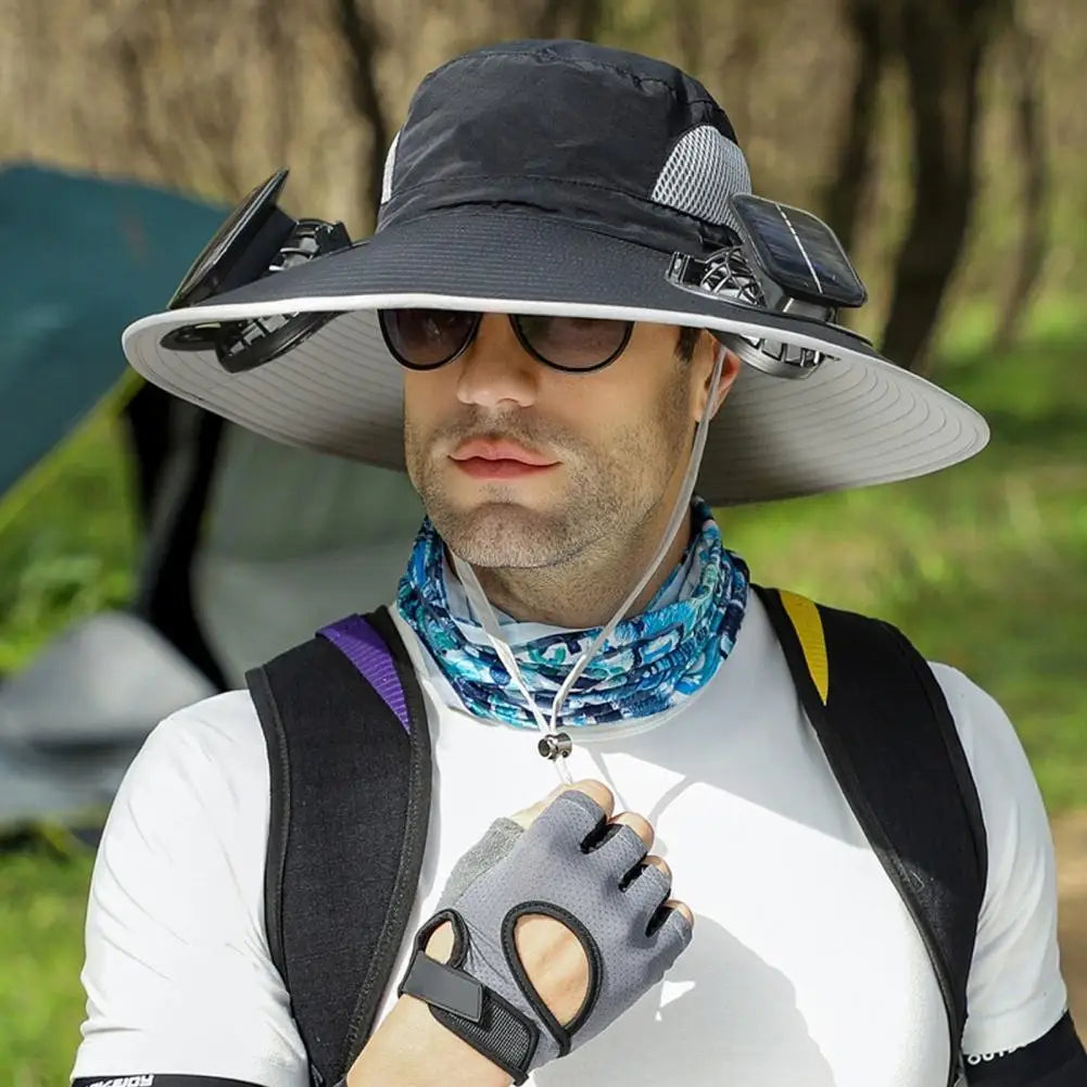 Outdoor Solar Fan Hat with Dual Power Supply Wide Brim Sun Hat with Built-In Solar Fan Fishing Hiking Gardening Hat