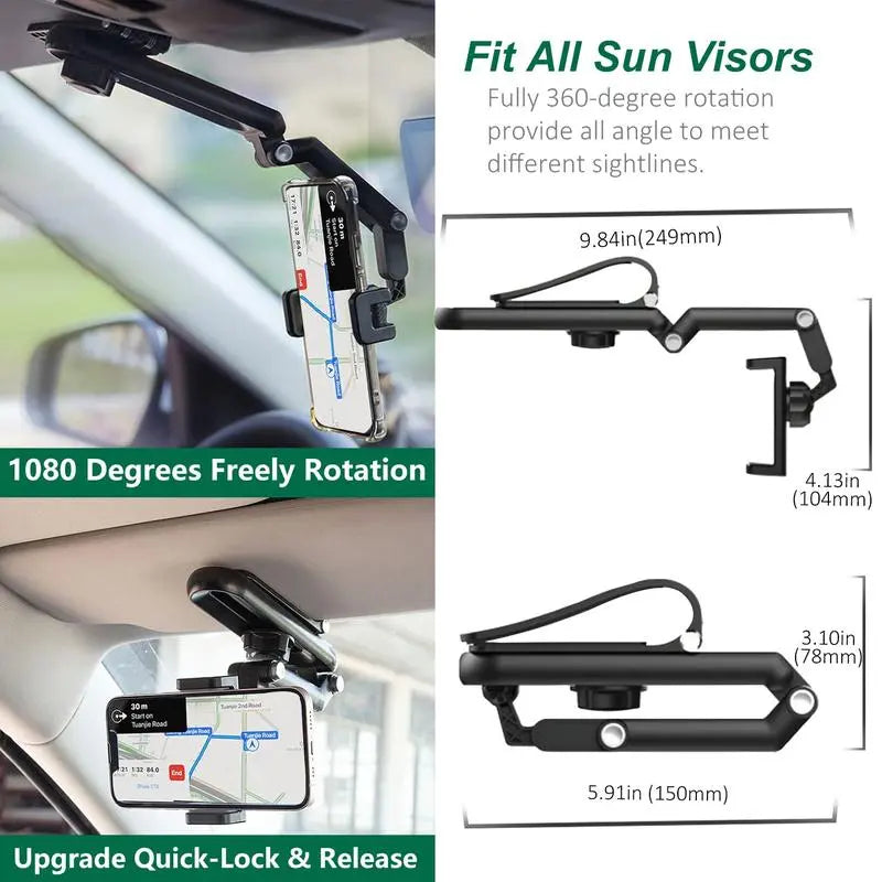 Revolutionary 1080° Multi-Function Sun Visor Phone Holder - Universal 360° Rotating Car Accessory for Ultimate Convenience