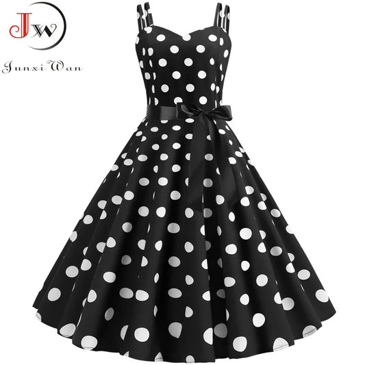 Chic Vintage 50s & 60s Swing Dress - Perfect for Summer Parties with Spaghetti Straps and Polka Dots