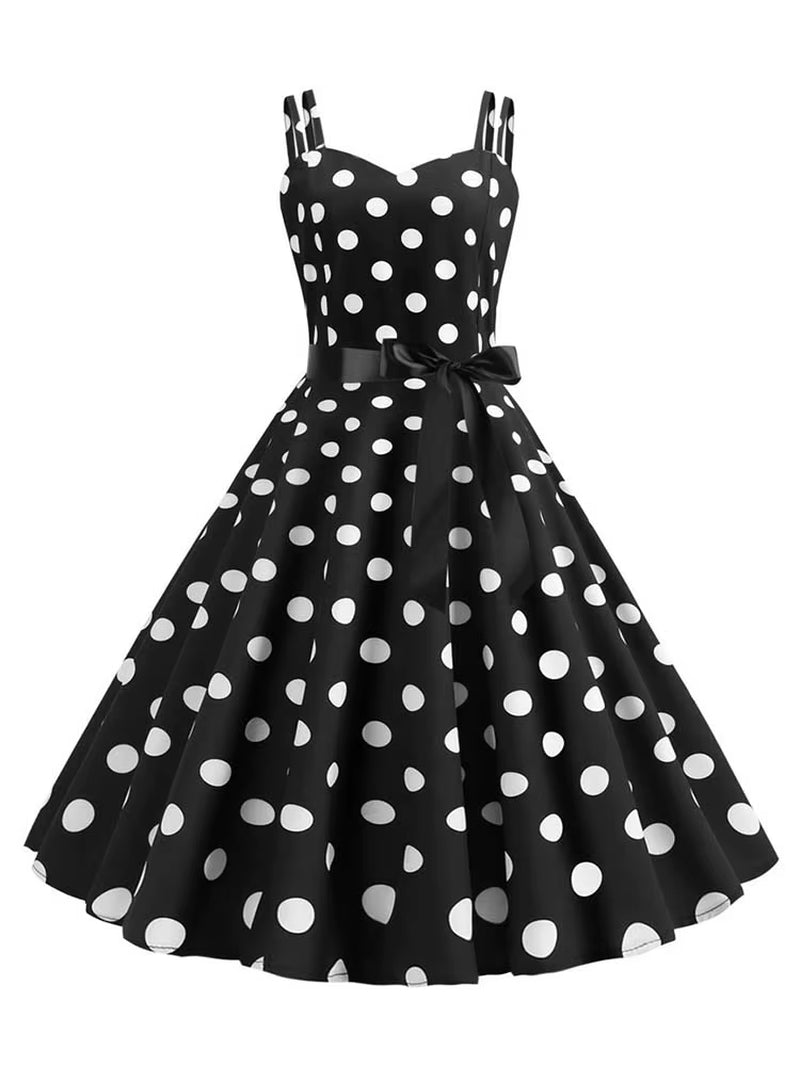 Chic Vintage 50s & 60s Swing Dress - Perfect for Summer Parties with Spaghetti Straps and Polka Dots