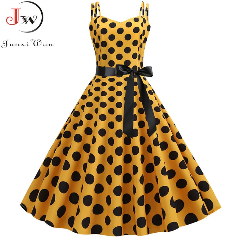 Chic Vintage 50s & 60s Swing Dress - Perfect for Summer Parties with Spaghetti Straps and Polka Dots