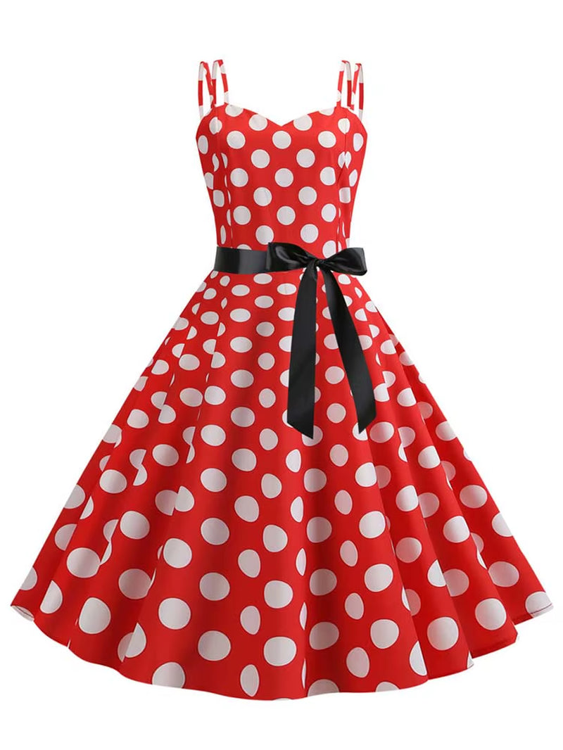 Chic Vintage 50s & 60s Swing Dress - Perfect for Summer Parties with Spaghetti Straps and Polka Dots