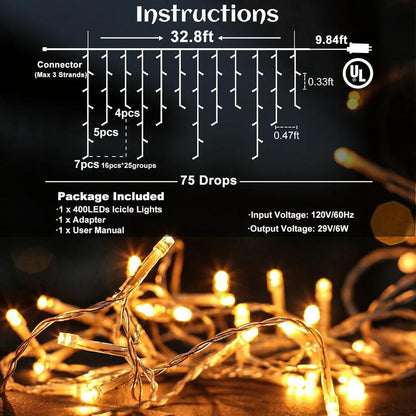 Transform Your Space with 400 LED Warm White Icicle Christmas Lights - 33Ft Waterproof Curtain String Lights with 8 Modes for Festive Decor!