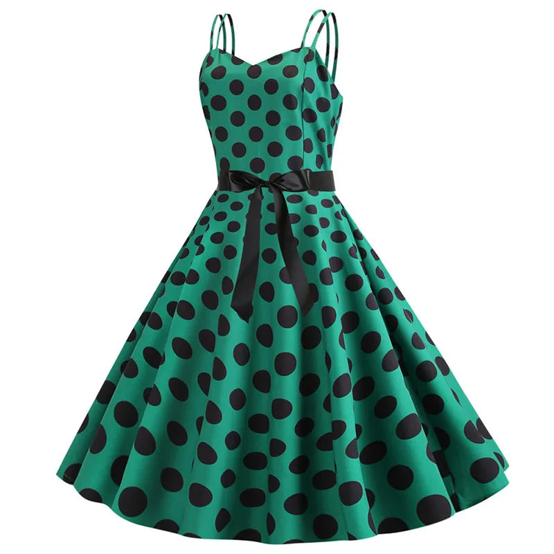 Chic Vintage 50s & 60s Swing Dress - Perfect for Summer Parties with Spaghetti Straps and Polka Dots