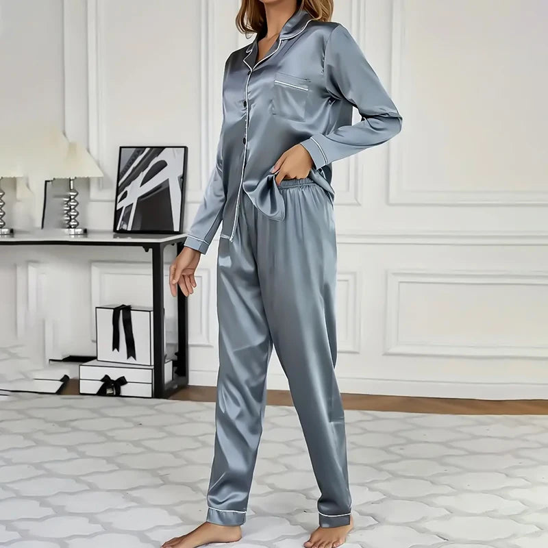 Indulge in Comfort: Elegant Women's Satin Pajama Set with Long Sleeve Lapel Top and Elastic Pants for Cozy Nights