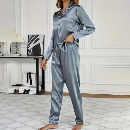 Indulge in Comfort: Elegant Women's Satin Pajama Set with Long Sleeve Lapel Top and Elastic Pants for Cozy Nights