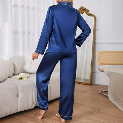 Indulge in Comfort: Elegant Women's Satin Pajama Set with Long Sleeve Lapel Top and Elastic Pants for Cozy Nights