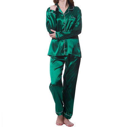 Indulge in Comfort: Elegant Women's Satin Pajama Set with Long Sleeve Lapel Top and Elastic Pants for Cozy Nights