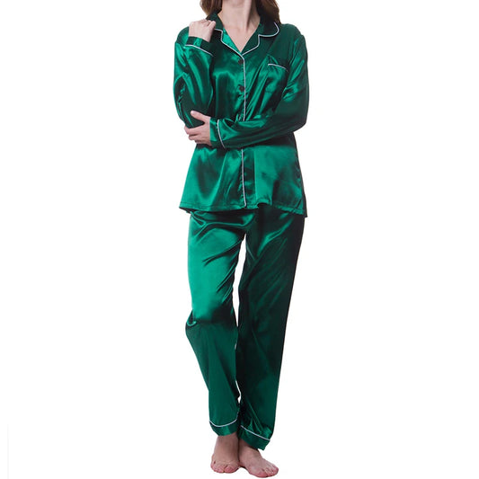 Indulge in Comfort: Elegant Women's Satin Pajama Set with Long Sleeve Lapel Top and Elastic Pants for Cozy Nights