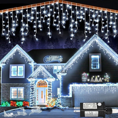 Transform Your Space with 400 LED Warm White Icicle Christmas Lights - 33Ft Waterproof Curtain String Lights with 8 Modes for Festive Decor!