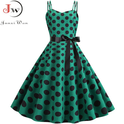 Chic Vintage 50s & 60s Swing Dress - Perfect for Summer Parties with Spaghetti Straps and Polka Dots