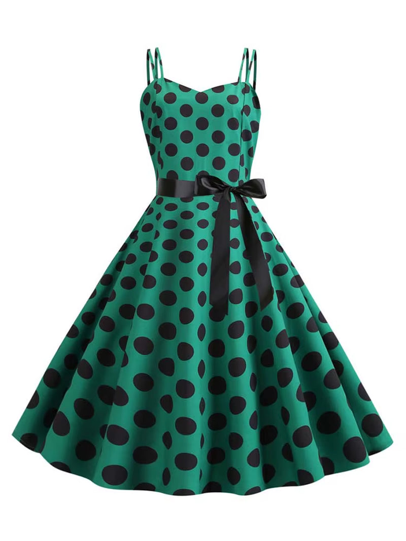 Chic Vintage 50s & 60s Swing Dress - Perfect for Summer Parties with Spaghetti Straps and Polka Dots