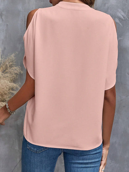 LUNE Solid Cold Shoulder Split Sleeve Popover Blouse,Short Sleeve Tops