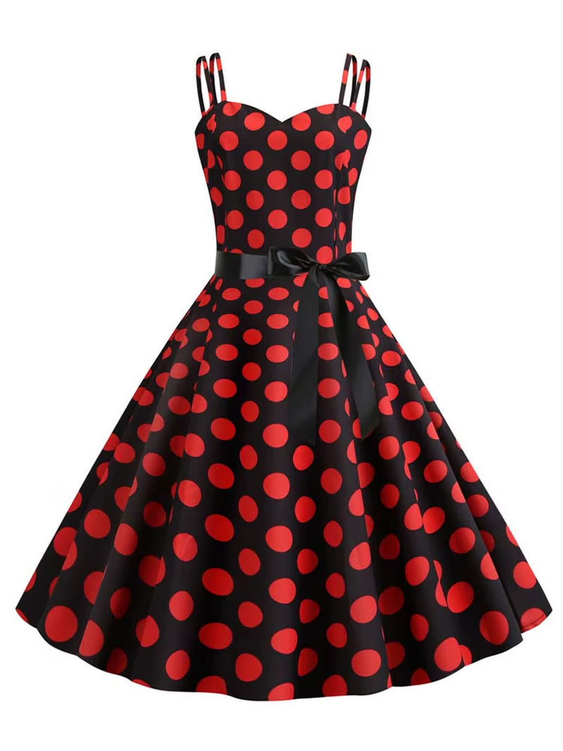 Chic Vintage 50s & 60s Swing Dress - Perfect for Summer Parties with Spaghetti Straps and Polka Dots