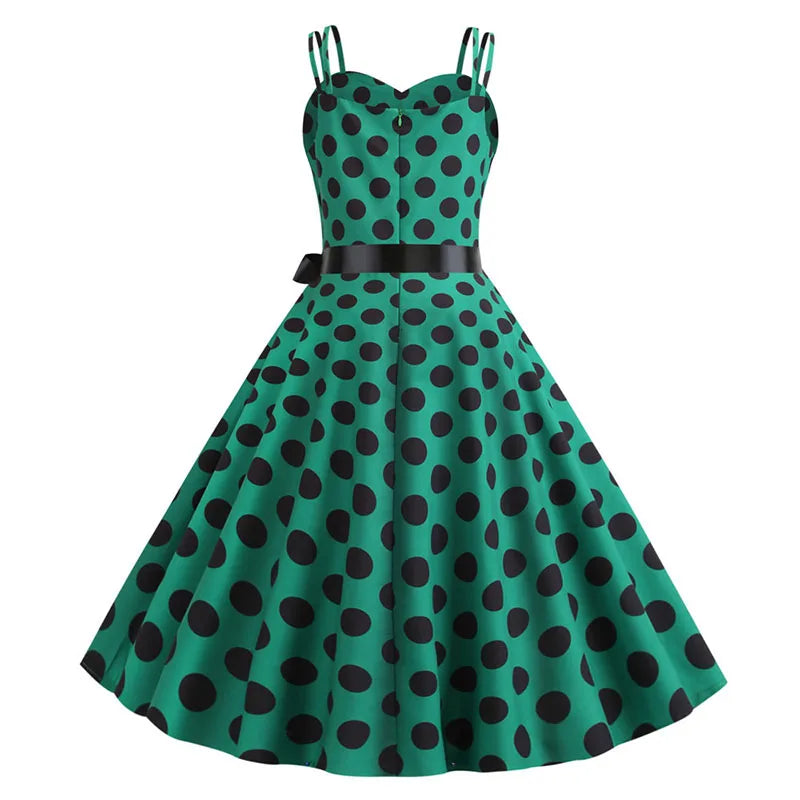 Chic Vintage 50s & 60s Swing Dress - Perfect for Summer Parties with Spaghetti Straps and Polka Dots