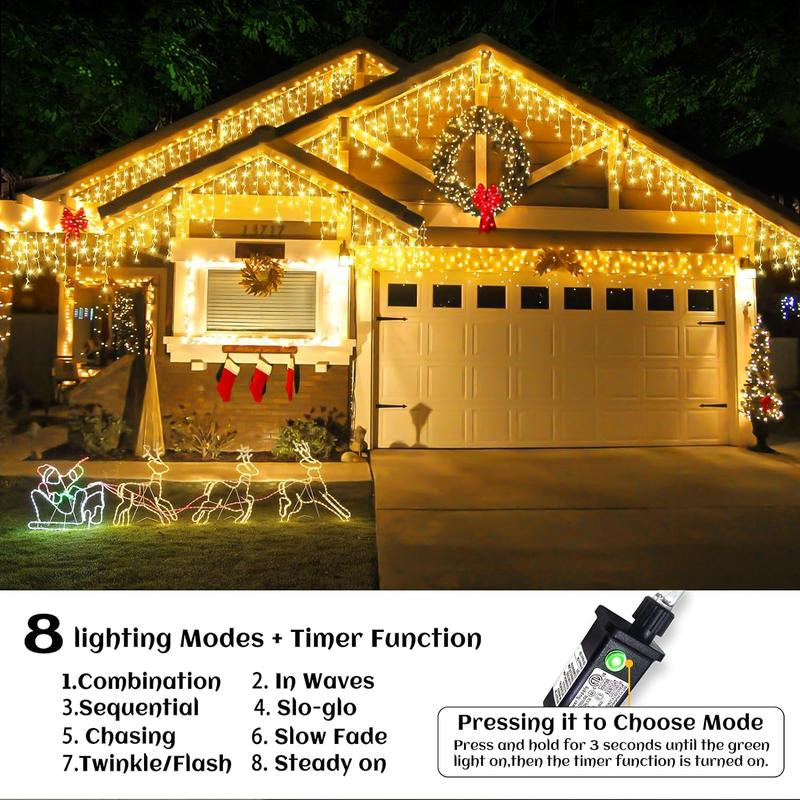 Transform Your Space with 400 LED Warm White Icicle Christmas Lights - 33Ft Waterproof Curtain String Lights with 8 Modes for Festive Decor!