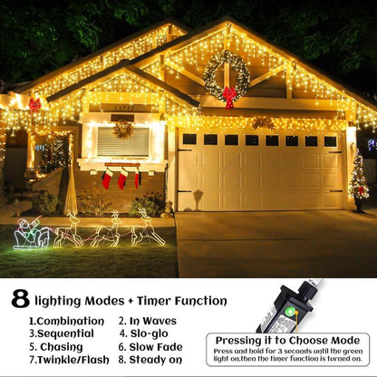 Transform Your Space with 400 LED Warm White Icicle Christmas Lights - 33Ft Waterproof Curtain String Lights with 8 Modes for Festive Decor!