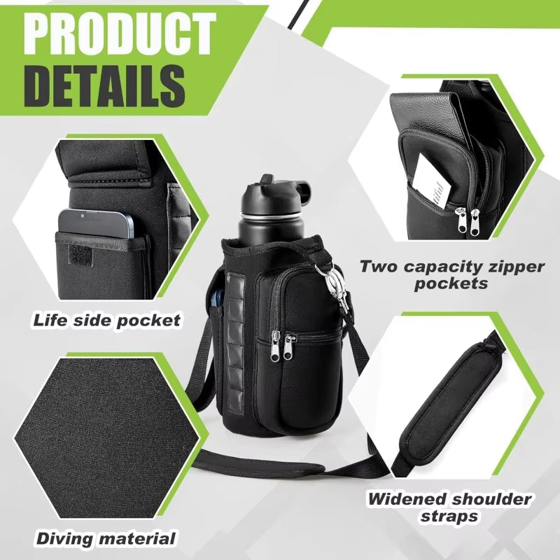 Magnetic Gym Water Bottle Carrier with Phone Pocket & Shoulder Strap - 6 Built-In Magnets