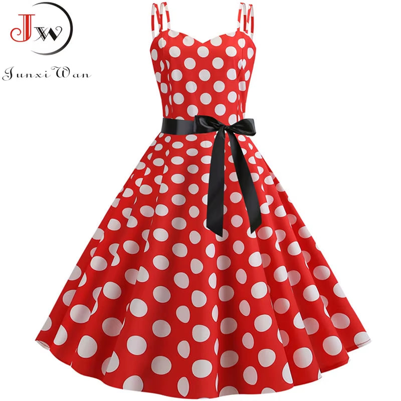 Chic Vintage 50s & 60s Swing Dress - Perfect for Summer Parties with Spaghetti Straps and Polka Dots