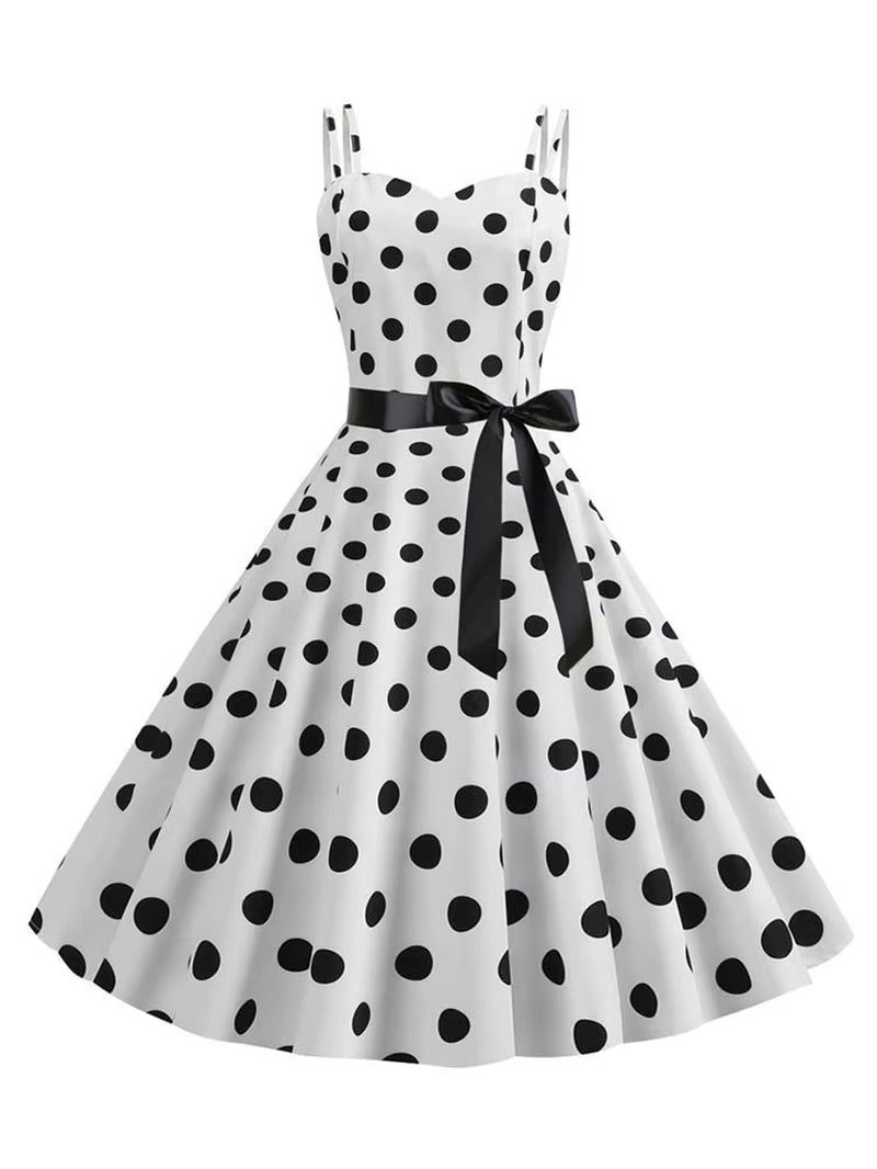 Chic Vintage 50s & 60s Swing Dress - Perfect for Summer Parties with Spaghetti Straps and Polka Dots